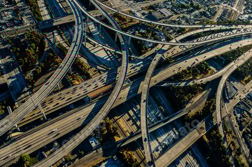 Preview: Aerial view of complex curved flyovers and highways, Los Angeles, California, USA