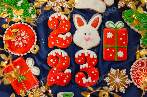 Preview: Banner for Christmas and New Year gingerbread cookies numbers 2023, snowflakes, Santa hat, Christmas