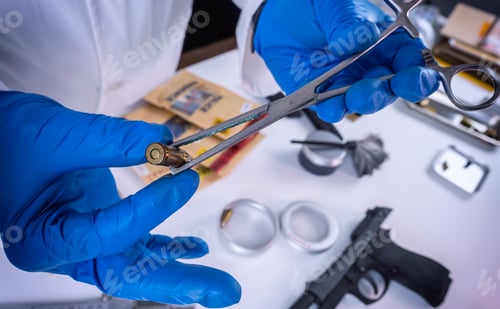 Preview: Criminalistic Laboratory, Scientific police officer holds bullet tips