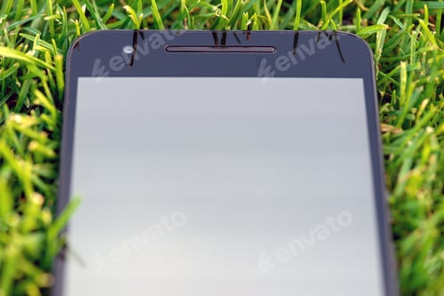 Preview: Smart phone with blank screen as copy space on grass
