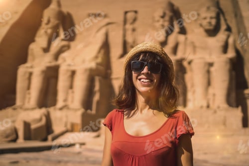 Preview: A young tourist in red dress at the Abu Simbel Temple in southern Egypt in Nubia