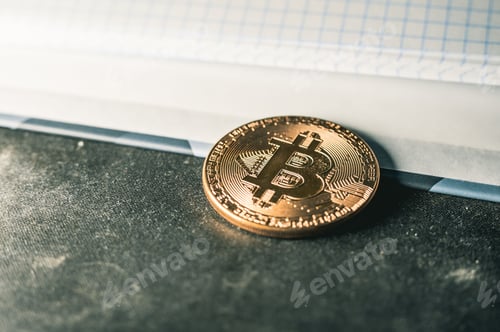 Preview: Closeup shot of a golden Bitcoin coin on graph paper notebook - Blockchain investment concept
