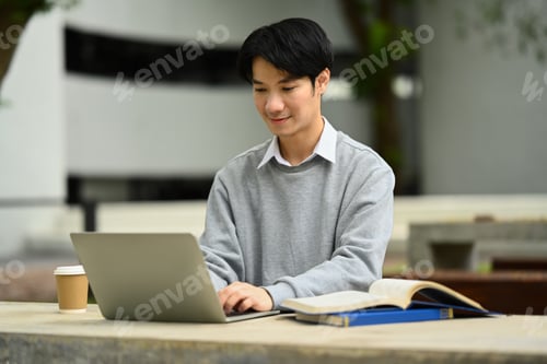 Preview: Happy asian student man typing on laptop surfing the internet while sitting at park table