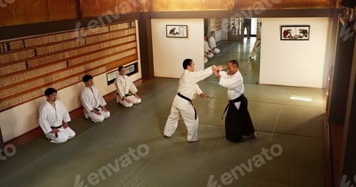 Preview: Group of men in dojo with sensei for aikido training, fitness and challenge with action, exercise a