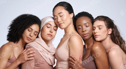 Preview: Face, beauty and group of women with eyes closed in studio isolated on gray background. Diversity,
