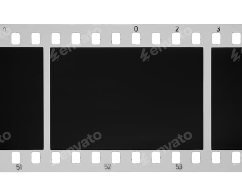 Preview: 35mm black and white negative film with perforations and number marks isolated on white.