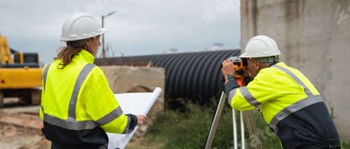 Preview: The survey team is using a theodolite and road construction plans.