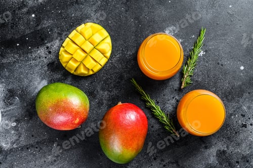 Preview: Freshly squeezed mango juice in a glass. Black background. Top view