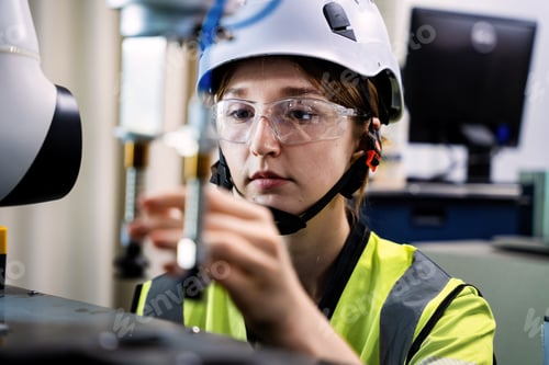 Preview: A woman wearing a yellow and black safety vest is working on a machine