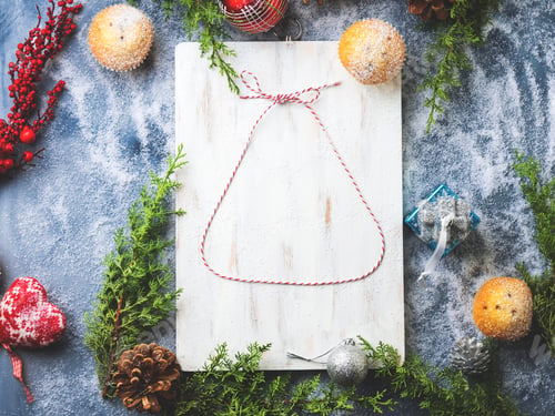 Preview: Christmas flat lay background with twine bell