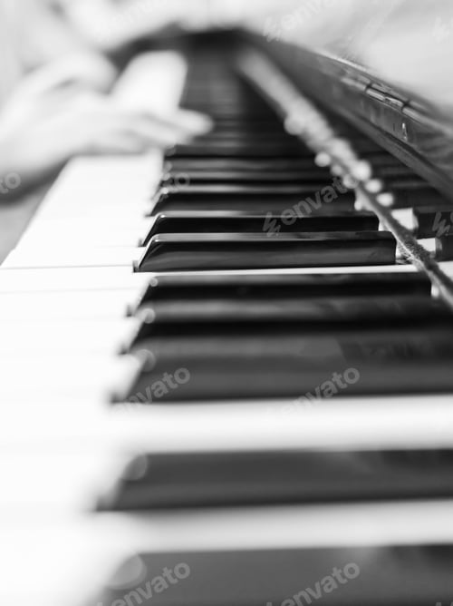 Preview: Piano keys closeup. Musical instrument in black and white photo.