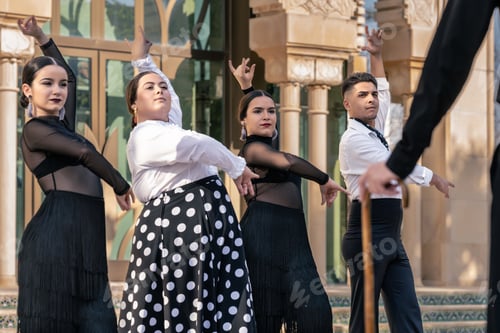 Preview: group of flamenco students in a pose observing the teacher