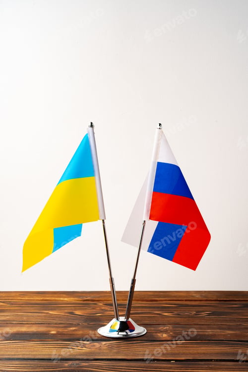 Preview: Small flags of Russia and Ukraine on flagpoles