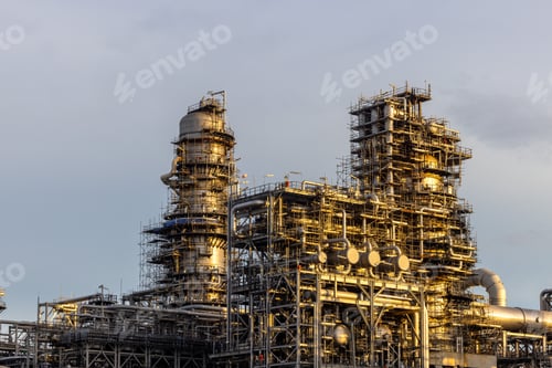 Preview: Oil and Gas refinery petrochemical plant industrial on sunset background, Oil and Gas