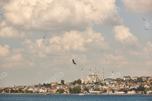 Preview: Bosporus strait and Blue mosque in Istanbul cityscape. Turkish landmark