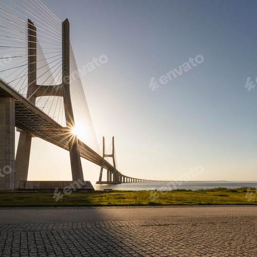 Preview: Sunset at the modern bridge with sunburst effect