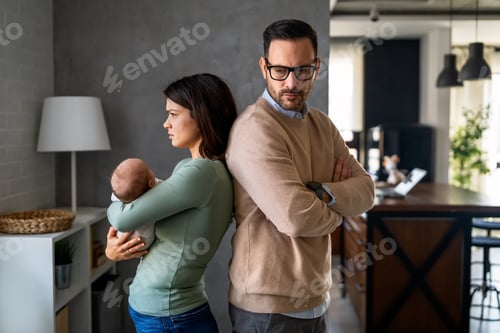Preview: Couple having conflict financia problem postpartum depression. Marriage difficulties divorce concept