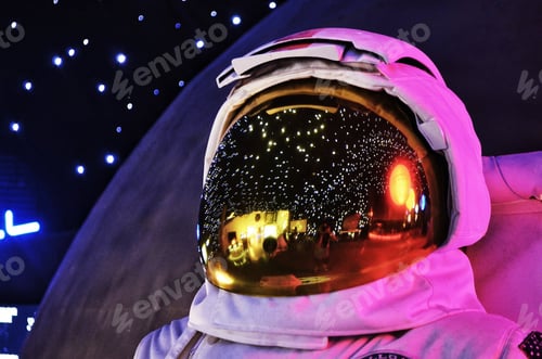 Preview: Astronaut Helmet Reflecting Lights and Space Backdrop