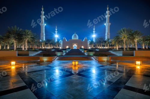 Preview: Night view at Sheikh Zayed Grand Mosque, Abu Dhabi, United Arab Emirates