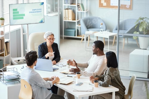 Preview: High angle senior female boss leading business meeting in office