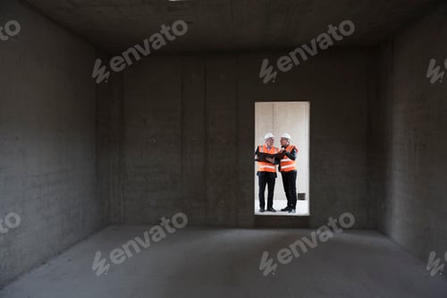 Preview: Two men wearing safety vests talking in building under construction