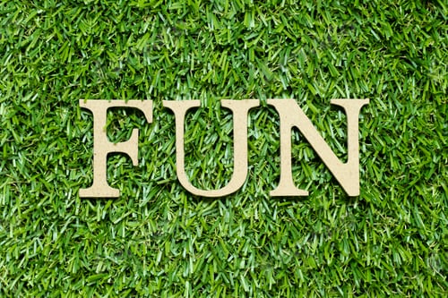 Preview: Wood alphabet letter in word fun on green grass background