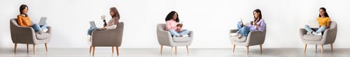 Preview: Collage With Diverse Women Using Computers And Smartphones Sitting Indoor
