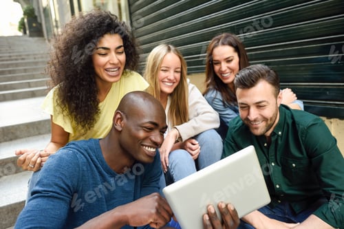 Preview: Multi-ethnic group of young people looking at a tablet computer