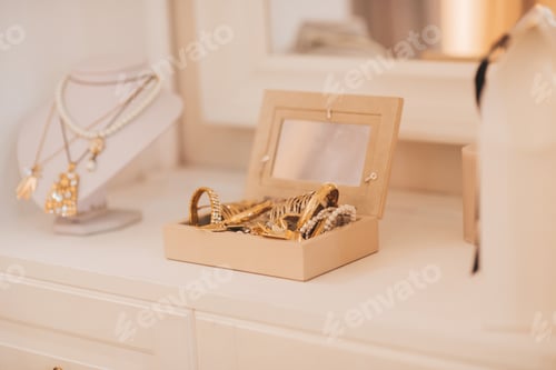 Preview: Luxury gold jewelry on set holders and in jewelry box on light dressing table and wardrobe shelves
