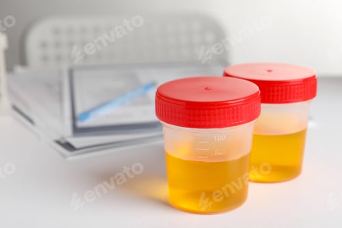 Preview: Containers with urine samples on white table in laboratory, space for text. Specimen collection