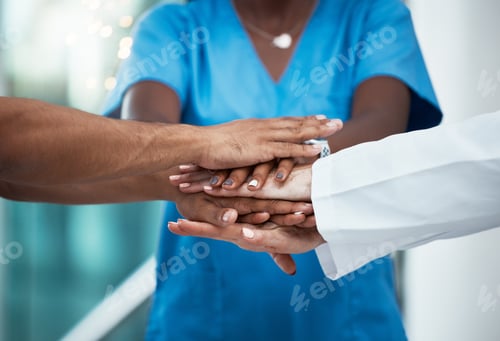 Preview: Medical, team support and diversity hands of hospital nurse, doctor and surgeon stack together for