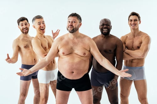 Preview: Group of multiethnic men posing for a male edition body positive beauty set