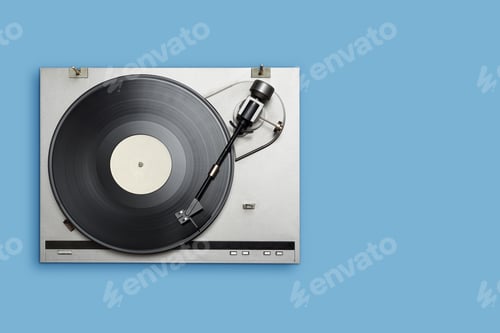 Preview: Vinyl player with long play or LP record on blue background.