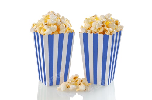 Preview: Two Blue White Striped Carton Buckets With Tasty Cheese Popcorn, Isolated On White Background
