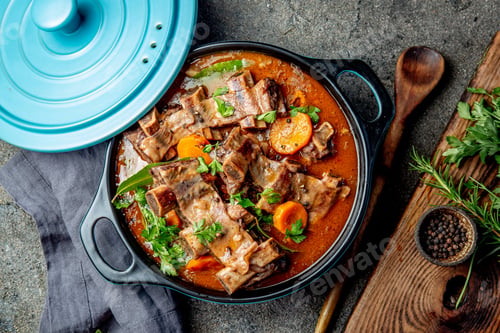Preview: Beef ribs Bourguignon. Beef ribs stewed with carrot, onion in red wine. France dish. Top view