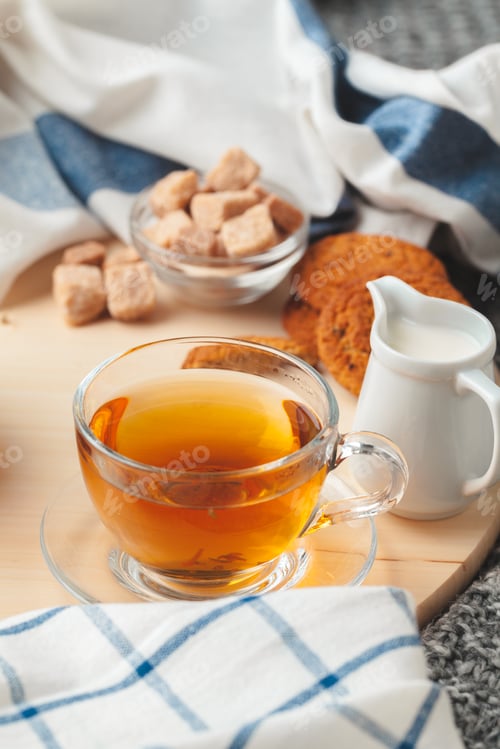 Preview: Tea time. Cup of tea on a beautifully decorated table