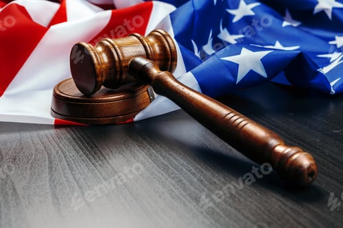 Preview: Gavel on wooden table with USA flag