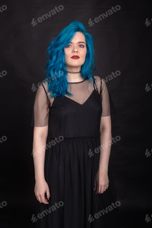 Preview: Sryle and fashion concept - Close up portrait of woman with blue long hair over black background