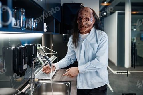 Preview: Creepy zombie employee washing cup in sink