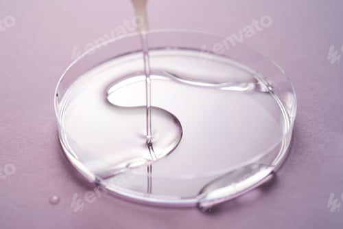 Preview: Serum or cosmetic oil flows into a transparent bowl on a purple background.