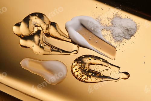 Preview: Textures of different cosmetic products on a gold background.
