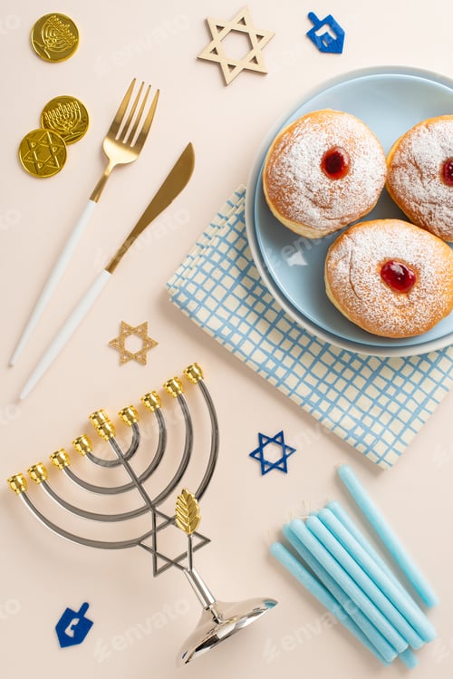 Preview: Fashion a Hanukkah-themed table display. Overhead vertical shot