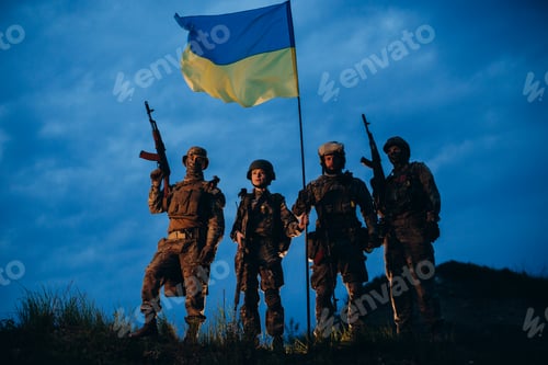 Preview: A company of Ukrainian militarymen wit a national flag
