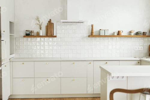Preview: Modern minimal kitchen design. Stylish white kitchen cabinets with brass knobs