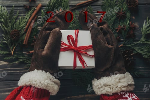 Preview: Hands in vintage gloves holding christmas present with red bow