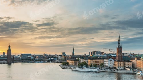 Preview: Stockholm, Sweden. Skyline Cityscape Famous View Of Old Town Gamla Stan In Summer Evening. Famous