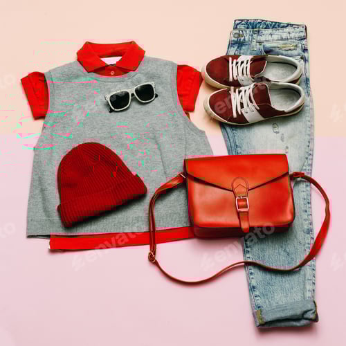 Preview: Stylish clothes set. City casual fashion. Spring. Denim and acce