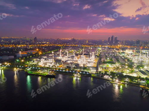 Preview: Petrochemical oil refinery in Bangkok City, Thailand. Oil and gas tanks in industry factory.
