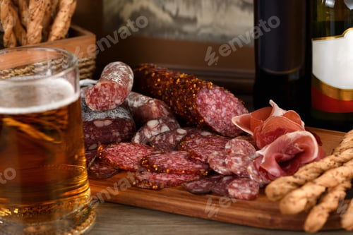 Salami, Prosciutto, and Beer Still Life