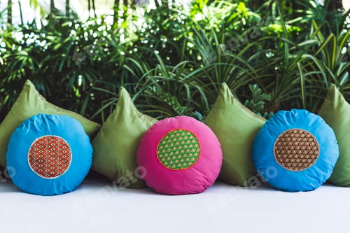 Preview: Multicolor round pillows on sofa